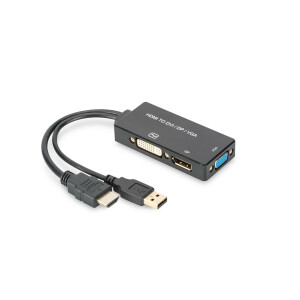 DIGITUS AK-330403-002-S - HDMI Konverterkabel, HDMI - DP+DVI+VGA St-Bu/Bu/Bu, 0,2m, 3 in 1 Multimedia, CE, sw, gold