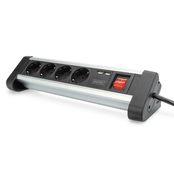 DIGITUS DA-70614 - 4-fach Office Steckdosenleiste mit 2x USB Ein/Aus Schalter, Alu-Geh&auml;use, USB: 5V/2A, sw/si