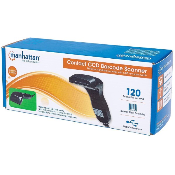 Manhattan CCD Kontakt-Barcodescanner - 80 mm Scanbreite - USB - Tragbares Barcodelesegerät - 1D - CCD - Codabar,Code 11,Code 128,Code 39,Code 93,Industrial 2 of 5,Interleaved 2 of... - 120 Auslesungen/Sekunde - 0 - 3000 Lux