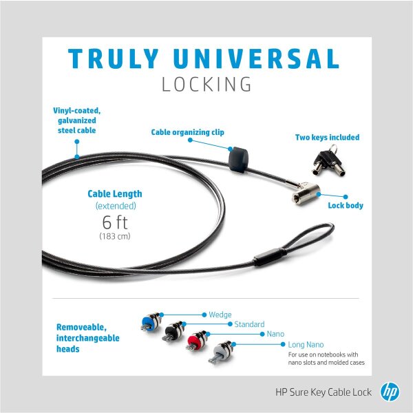 HP Sure Key Kabelschloss - 1,83 m - Schlüssel - Schwarz - Silber