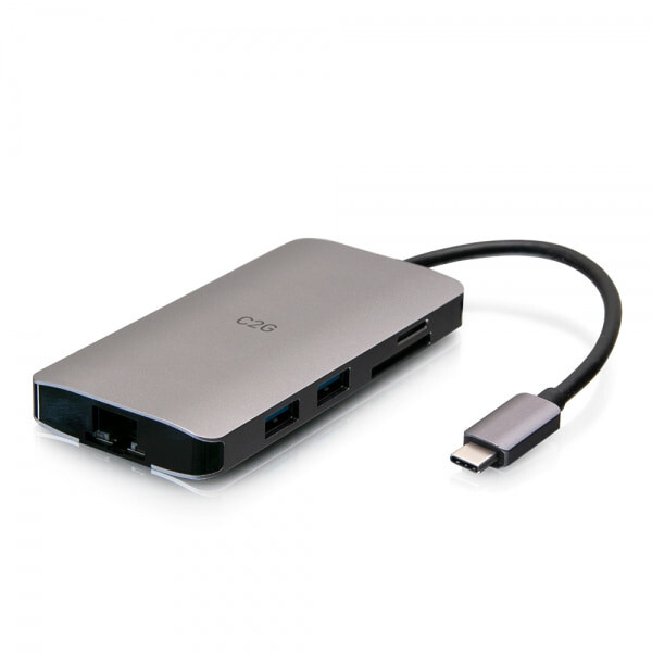 C2G USB-C 8-in-1 Mini-Dock mit HDMI - zwei USB-A - Ethernet - SD-Kartenleser und USB-C Power Delivery bis zu 100 W - 4K 30 Hz - Verkabelt - USB 3.2 Gen 1 (3.1 Gen 1) Type-C - 10,100,1000 Mbit/s - Grau - SD - 5 Gbit/s