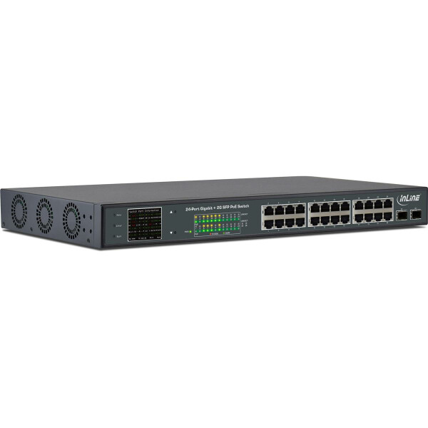 InLine PoE+ Gigabit Netzwerk Switch 24 Port - 1GBit/s - 2xSFP - 19&quot; (Winkel enthalten) - Metall - L&uuml;ftersteuerung - mit Display - 420W