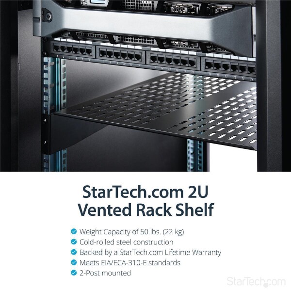 StarTech.com 2 HE Fest montierter Fachboden für Server Rack/ Schrank bis 22 Kg - 55 cm Tief - belüftet - Regalboden - Schwarz - Stahl - 22,6 kg - 2U - CE - TAA - REACH