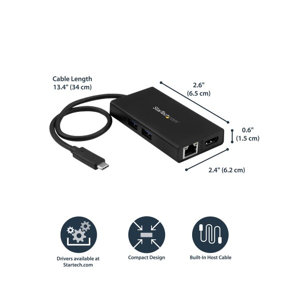 StarTech.com USB-C Multiport Adpater mit 4K HDMI - 2x USB-A Ports - 60W PD - Schwarz - Verkabelt - USB 3.2 Gen 1 (3.1 Gen 1) Type-C - 60 W - USB Typ-C - 10,100,1000 Mbit/s - IEEE 802.1Q,IEEE 802.3,IEEE 802.3ab,IEEE 802.3u
