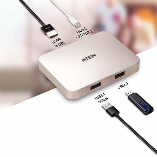 ATEN UH3235 - USB 2.0 Type-C - HDMI - USB 2.0 - USB 3.2 Gen 1 (3.1 Gen 1) Type-A - Silber - 60 W - 70 mm - 93 mm