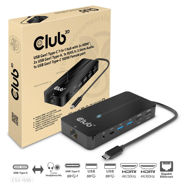 Club 3D USB Gen1 Type-C 7-in-1 hub with 2x HDMI - 2x USB Gen1 Type-A - 1x RJ45 - 1x 3.5mm Audio - 1x USB Gen1 Type-C 100W Female port - USB 3.2 Gen 1 (3.1 Gen 1) Type-C - 100 W - 10,100,1000 Mbit/s - Schwarz - 4K Ultra HD - 60 Hz