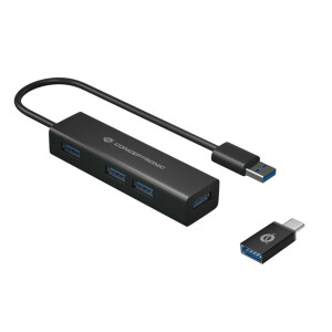 Conceptronic 4-Port-USB 3.0-Hub und OTG-Adapter f&uuml;r USB-C - USB 3.2 Gen 1 (3.1 Gen 1) Type-A - USB 3.2 Gen 1 (3.1 Gen 1) Type-A - 5000 Mbit/s - Schwarz - China - USB
