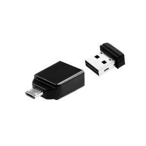 Verbatim Nano - USB-Stick 32 GB mit Micro USB-Adapter - Schwarz - 32 GB - USB Typ-A - 2.0 - Ohne Deckel - 3 g - Schwarz