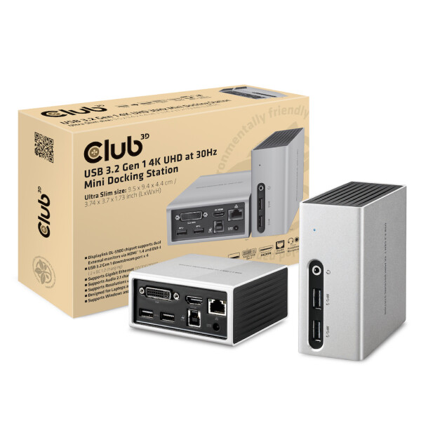 Club 3D USB 3.0 4K Mini Docking Station, Alu gebürstet, 4K @ 30 Hz über HDMI, 4x USB 3.0, DL-5900