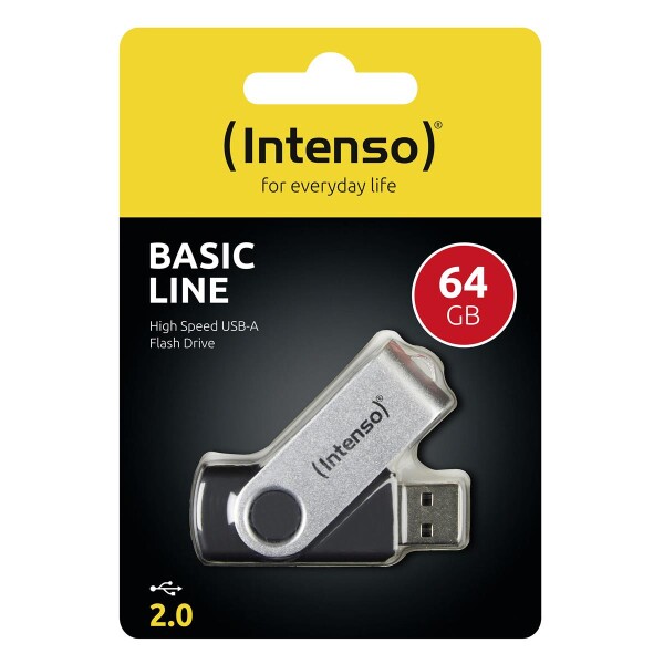 Intenso Basic Line - 64 GB - USB Typ-A - 2.0 - 28 MB/s - Drehring - Schwarz - Silber