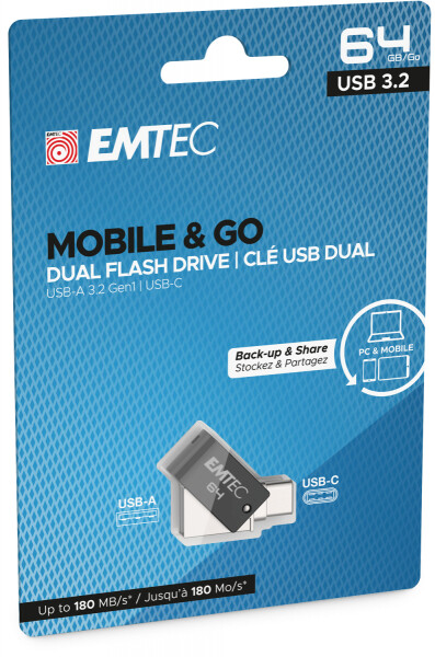EMTEC T260C - 64 GB - USB Type-A / USB Type-C - 3.2 Gen 1 (3.1 Gen 1) - 180 MB/s - Drehring - Schwarz - Edelstahl