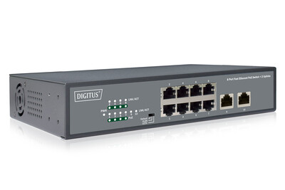 DIGITUS 8-Port Fast Ethernet PoE Netzwerkswitch, Desktop, unmanaged, 2 Uplink Ports RJ45,120 W, af/at