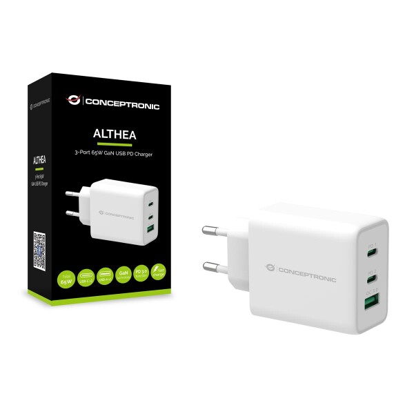 Conceptronic ALTHEA 3-Port 65W GaN USB-PD-Ladegerät - QC 3.0 - Indoor - AC - 5 V - Weiß